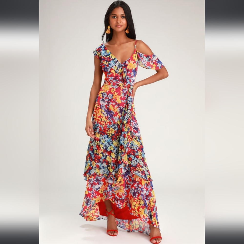 Radiant Ruby Red Floral Print Chiffon Maxi Dress